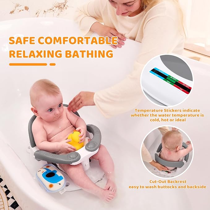 Baby Bath Seat for Babies 6 Months & Up Sitting Up,Infant Bath Seat with Temperature Alert+Open Backrest+on/Off Armrest,Toddler Bath seat Baby Bath Chair for Bathtub,Tub,Sink Grey