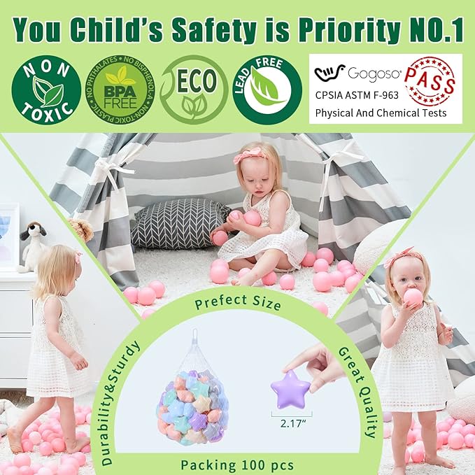 GOGOSO 100 Ball Pit Balls Star Bals - Pink Soft Plasticballs Phthalate Free BPA Free Playballs for Ballpool Birhtday Party Girls Kids with Storage Bag, 2.15inches