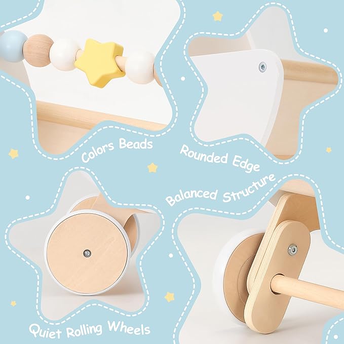 Wooden Baby Walker & Doll Stroller – Adjustable Handle Push Cart, Anti‑Tip, Quiet Wheels, Pretend Shopping Cart – Montessori Wooden Walker for Babies , Doll Stroller for Toddlers 12m+