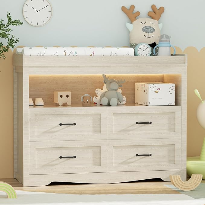 Baby Changing Table with Changing Table Top for Infants Nursery Dresser Chest with 4 Drawers Storage Changing Station Dresser with LED Light Diaper Changing Station Nursery Organizer,Beige