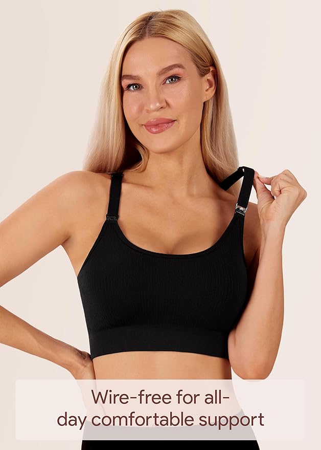 Angelhood Nursing Bras for Breastfeeding, Ribbed Nursing Sports Bra Yoga Maternity Bras Pregnancy Sleep Bralette