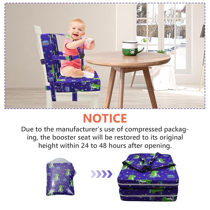 Toddler Booster Seat for Dining Table, Adjustable Safety Buckle Child Booster Seat with Backrest, Waterproof Washable Portable Booster Cushion Non-Slip Bottom (Blue)
