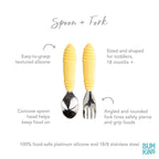 Bumkins Toddler Utensils, Kids Size Fork and Spoon Set, Silicone and Stainless-Steel Training Silverware, Angled Fork / Spork for Self-Feeding, Children Learning to Eat, 18 Mos Up, Pineapple Yellow