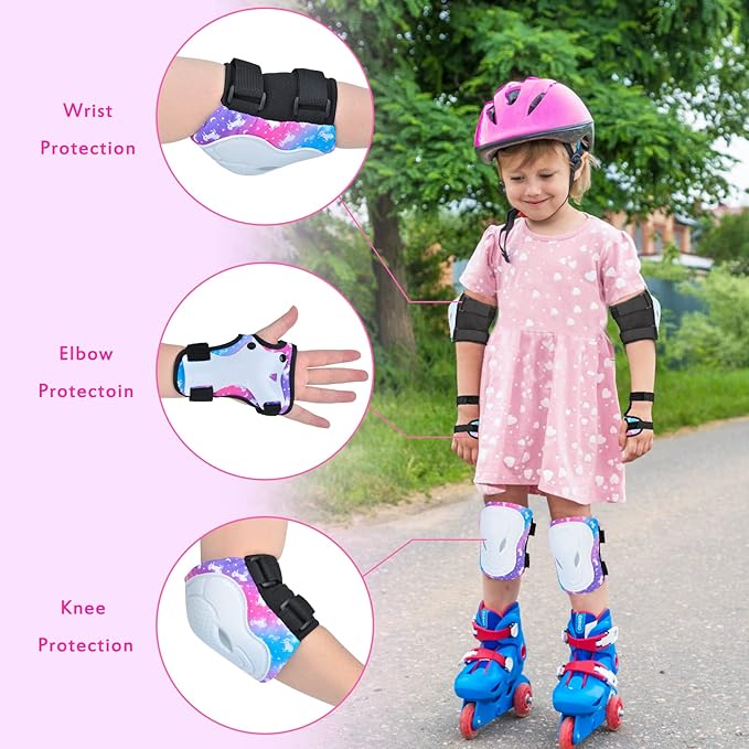Kids Knee and Elbow Pads Set, 7 in 1 Skating Protective Gear for Skateboard, Roller Skating, Scooter, Cycling, 3-8 Years