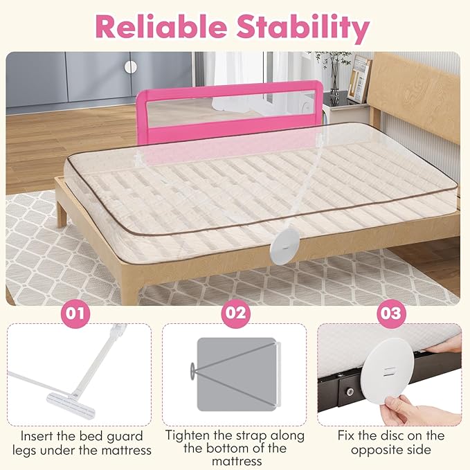 BABY JOY Bed Rails for Toddlers, 59'' Extra Long, Swing Down Bed Guard w/Safety Straps, Folding Baby Bedrail for Kids Twin, Double, Full Size Queen & King Mattress (Pink, 59-Inch)