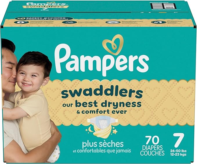 Pampers Swaddlers Diapers, Size 7 (26-50 lbs), 70 Count, Absorbent, Keeps Baby Dry and Comfortable, Skin Safe Disposable Baby Diaper (Packaging May Vary)