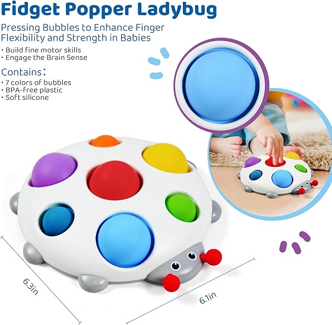 LiKee Fidget Popper Sensory Baby Toys for 10+ Months, Push and Popping Busy Board, Montessori Toys for 1+ Years Old, Airplane Car Travel Toy for Toddlers 1-3 Stress Relief (Ladybug)