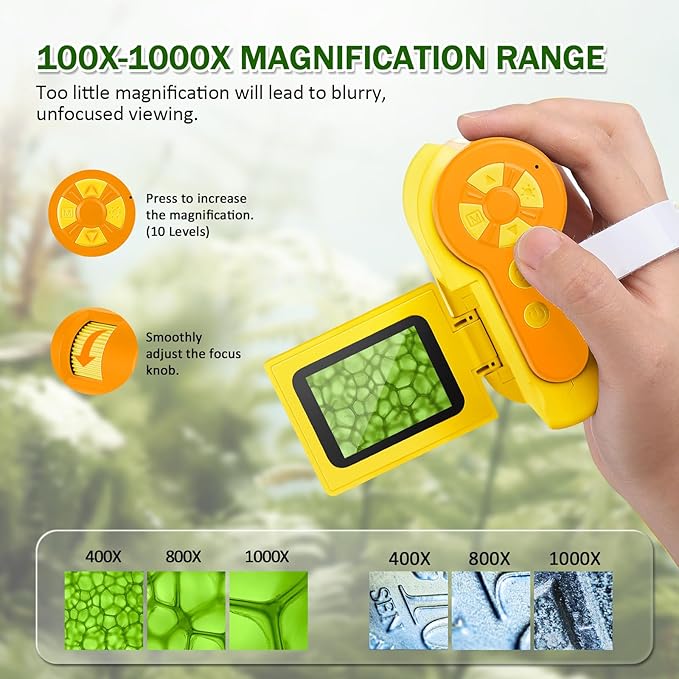 1000X Handheld Microscope for Kids, 4K 2.0" Screen Mini Pocket Microscope with 6 Adjustable LED Lights, Edu Science Birthday Gifts for Kids Ages 8-12, 32G SD Card Included - Yellow
