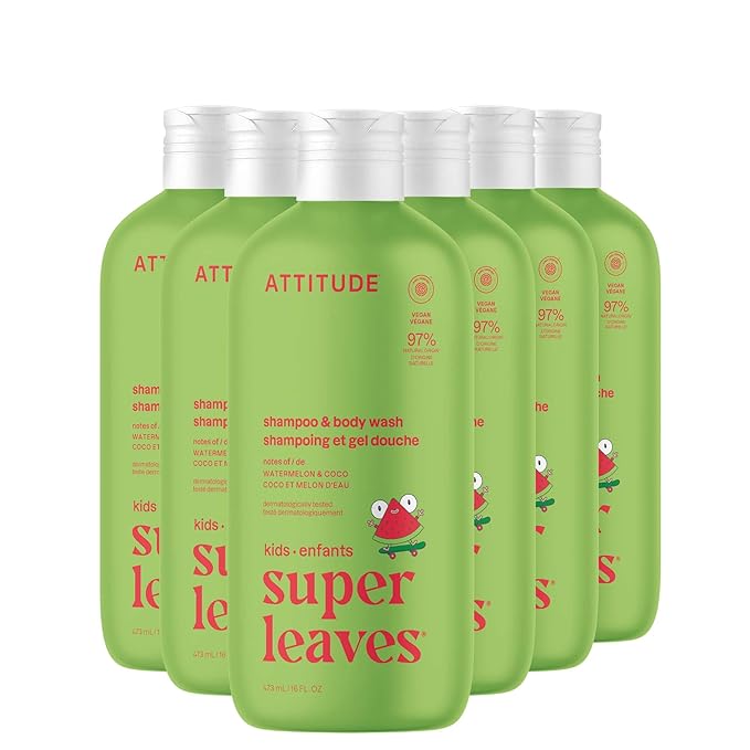 ATTITUDE Shampoo and Body Wash for Kids, EWG Verified, Dermatologically Tested, Plant- and Mineral-Based Ingredients, Vegan and Cruelty-Free, Watermelon and Coco, 16 Fl Oz (Pack of 6)
