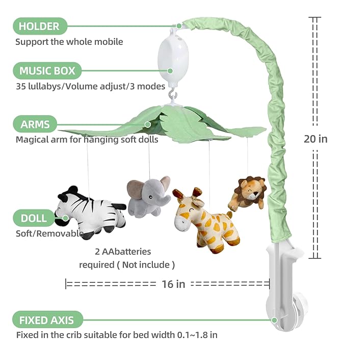 Feisike Jungle Safari Baby Crib Mobile with 35 Soothing Lullabies & 3 Modes - Adjustable Nursery Mobiles for Boys & Girls, Animal-Themed Nursery Decor Musical Mobile for Crib or Bassinet