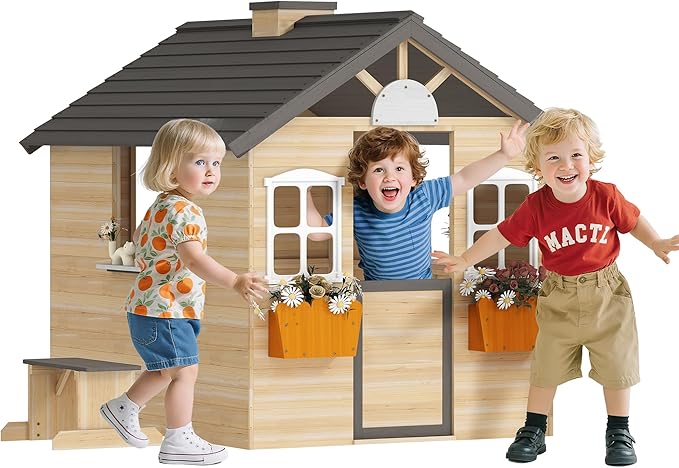 Outsunny Wooden Playhouse for Kids Outdoor Garden Pretend Play Games, Adventures Cottage, with Working Door, Windows, Bench, Service Station, Flowers Pot Holder, for 3-7 Years Old