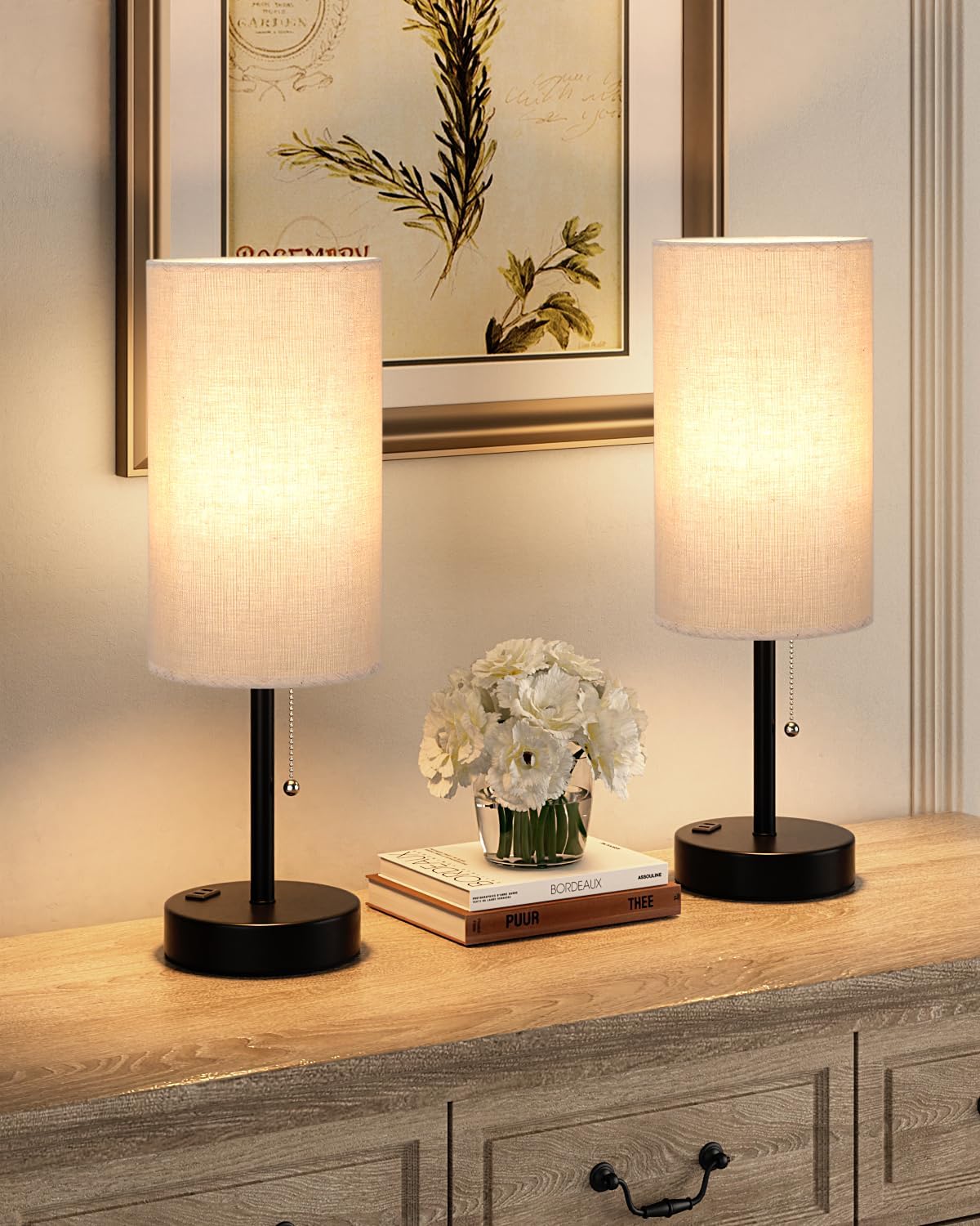 Plus Beige Bedside Table Lamps Set of 2-3 Color Temperatures Pull Chain Lamp with AC Outlet Charging Port, Two Round Night Stand Lamps for Bedroom Guest Room Office, Bed Side Light