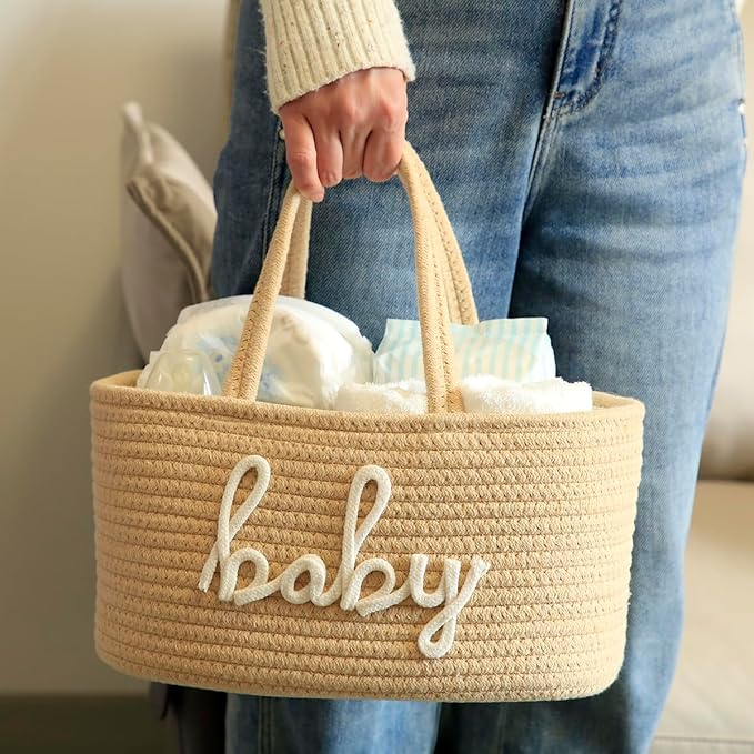Baby Diaper Caddy Organizer, Nursery Storage Bin Basket for Baby Shower and Baby Wipes- Cotton Rope Portable Diaper Bag for Changing Table, Newborn Essentials Gift-Tan