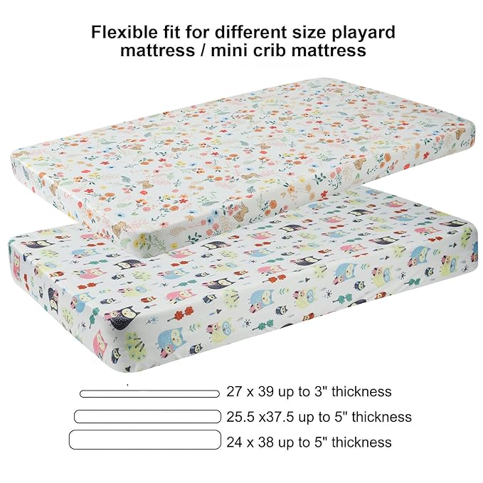 Onacosht Pack n Play Fitted Sheets for Baby Girl 2 Pack Set Soft Jersey Knit Sheets for Mini Crib Mattress and Playard Mattress, Rabbit Floral and Owl Printing