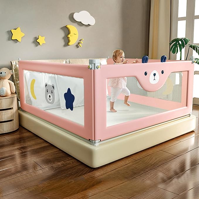 3-Piece U Type Toddler Bed Rails, Folding Baby Bed Guard for Kids, Adjustable, Safety, Convenient Bed Rails, Guard Rail for Twin, Full, Queen& King Size (Pink Cartoon, 74.8x78.74x78.74 Inch)