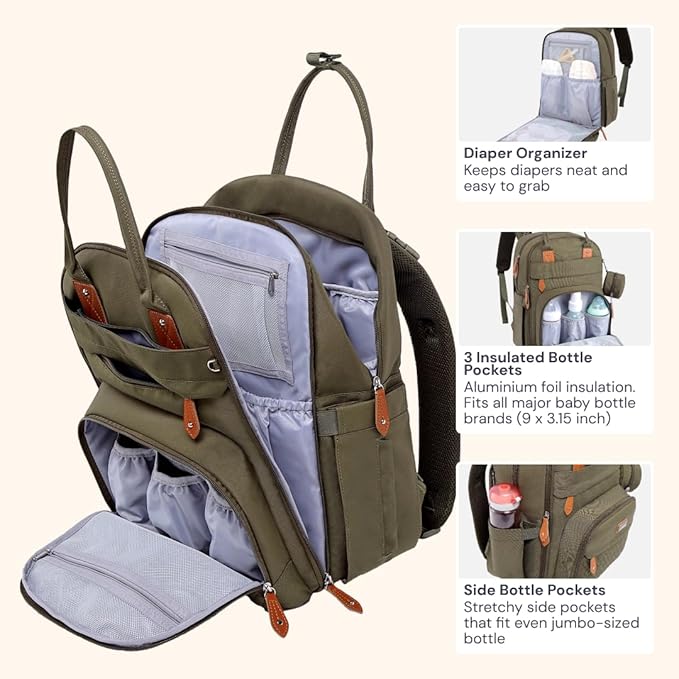 BabbleRoo Diaper Bag Backpack - Baby Essentials Travel Tote - Multi Function Waterproof Diaper Bag, Travel Essentials Baby Bag with Changing Pad, Stroller Straps & Pacifier Case - Unisex, Army Green