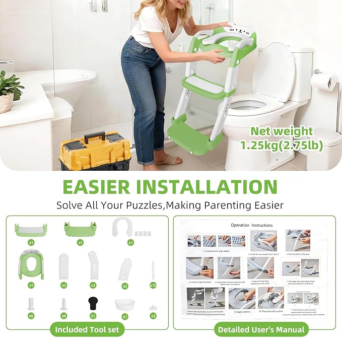 Potty Training Seat, Upgrade Toddler Toilet Seat for Kids Boys Girls, 3 in 1 Potty Training Toilet with Step Stool Ladder-Non Slip Foldable (Green+White)