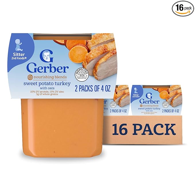 Gerber Stage 2 Baby Food, Sweet Potato Turkey with Oats Puree Tub, Nourishing Blends, No Added Colors or Flavors, Baby Puree, 16-Pack