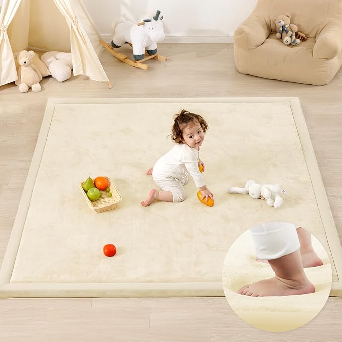 1.3" Thick Baby Play Mat for Floor Playpen, 71x79 Large Foam Tummy Time Mat, Padded Support Soft Plush Nursery Rug for Infant Kids Toddler Crawling Kick Activity (Ivory)