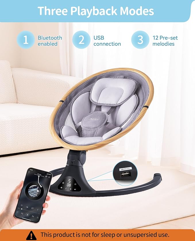 LAREX Baby Swing to Toddler Electric Infant Swing Portable for Newborn Boy Girl, 5 Sway Speeds with Remote Control, 12 Preset Melodies and Bluetooth, 0-6 Months Max 20 Lbs (Light Wood Grain)