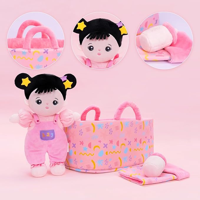 OUOZZZ 10" Soft Baby Doll Set with Plush Doll, Bassinet, Blanket and Bottle, Pretend Playset for Emotional Social Education Asian Doll for 2 Year Olds Girls Christmas Birthday Gift