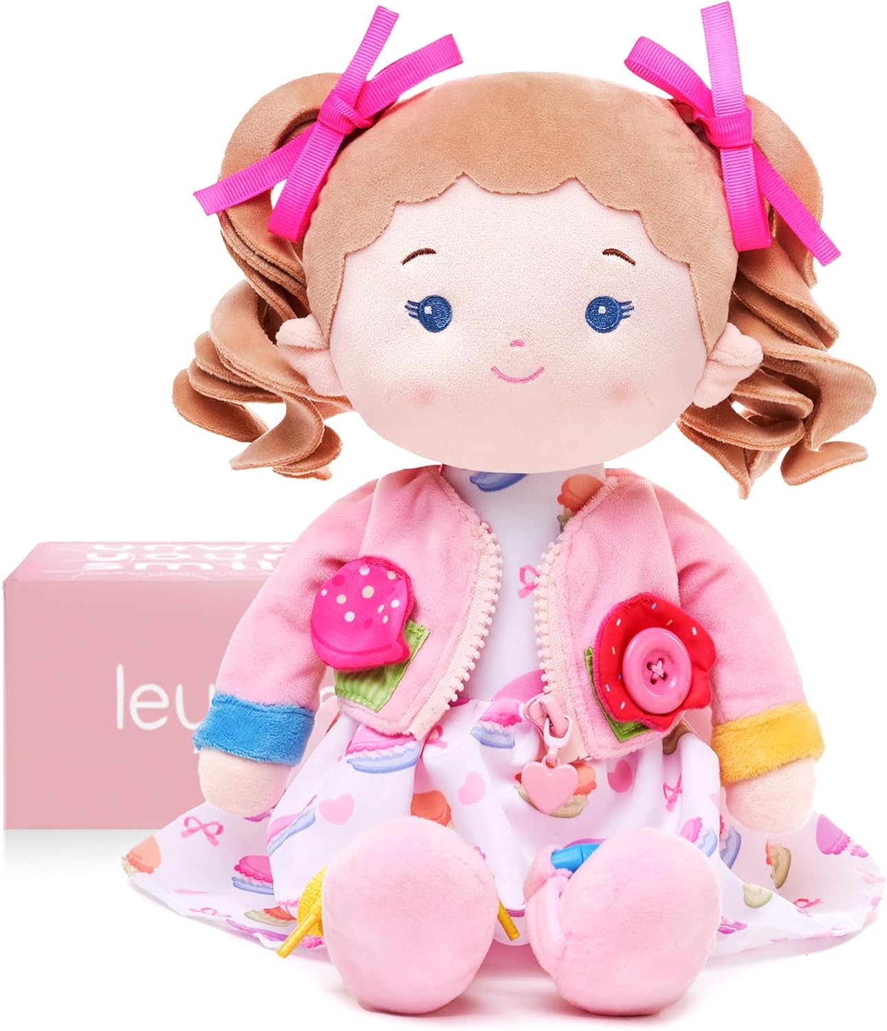 Soft Bady Educational Soft Baby Doll(16''), Learning Sensory Doll for Toddlers, Montessori Toys for 2-Year-Old Girls Christmas, Birthday Gifts, Plush Doll with Button-Busy Cupcake-Girl