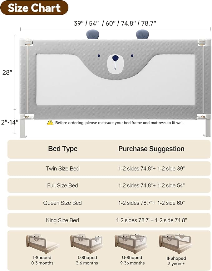 Baby Bed Rail Guard for Toddlers, Reinforced 60in Toddler Bed Rails for Queen Bed with Height Adjustable, Extral Tall Child Safety Side Railing Guards/Bedrail for Kids,Grey Bear, 1 Side 60" Lx28 H