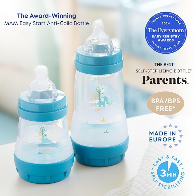 MAM 9oz Easy Start Anti-Colic Baby Bottles, Medium Flow with 2X Bonus Nipples (Fast and Extra Fast Flow), Reduces Colic, Gas, & Reflux, Easy-to-Clean, BPA-Free, 2 Plus Months (Pack of 6)