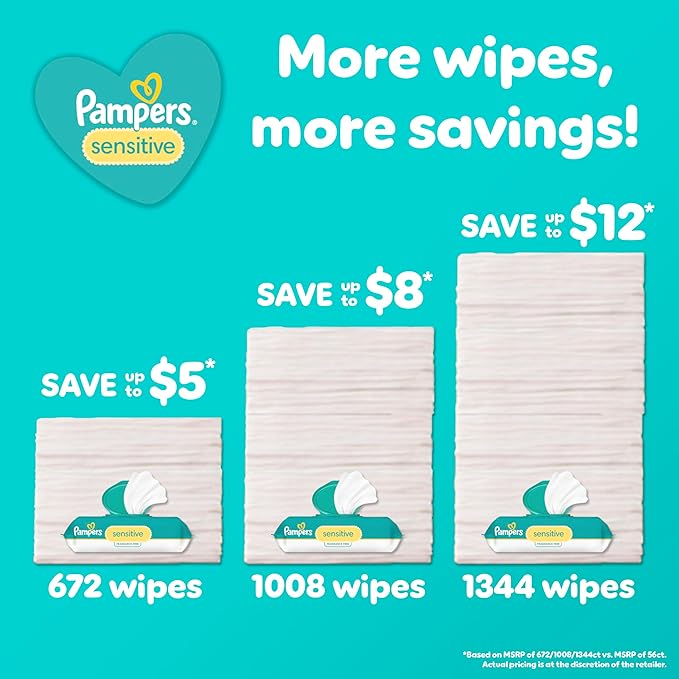 Pampers Sensitive Baby Wipes, Water Based, Hypoallergenic and Unscented, 1 Flip-Top (56 Wipes Total)