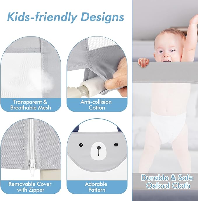 BABY JOY Bed Rail for Toddlers, 77’’ Extra Long, Height Adjustable & Folding Baby Bed Rail Guard w/Breathable Mesh & Double Safety Child Lock for Kids Twin Double Full Size Queen King Mattress (Gray)