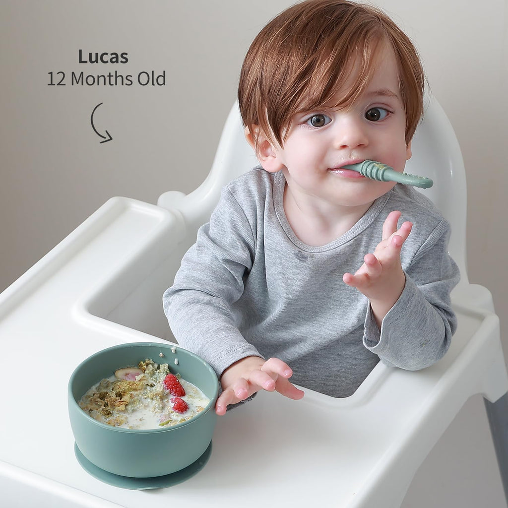 SAMiGO Silicone Baby Bowl and Spoon Set with Suction and Lid, First Stage Self Feeding Essentials, Food Bowl for 6+ Months