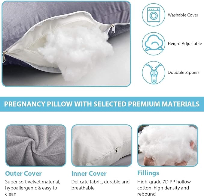 Pregnancy Pillow J-Shaped Full Body Pillow, 59 inch Cool Fabric Easy to Remove and Wash, Support Pregnant Women's Backs Legs and HIPS, Improve Sleep,Pregnancy Pillow for Women ，Pink