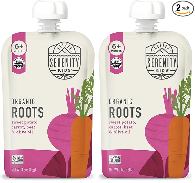 Serenity Kids 6+ Months USDA Organic Veggie Puree Baby Food Pouches | No Sugary Fruits or Added Sugar | Allergen Free | 3.5 Ounce BPA-Free Pouch | Roots | 1 Count (Pack of 2)