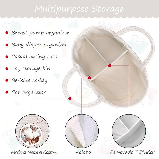 COMSE Large Baby Diaper Caddy Organizer for Girl Boy, Car Caddy with Handles, Cotton Rope Basket for Changing Table, Nursery Organizer, Gift for Baby Shower and Registry Must Have, White