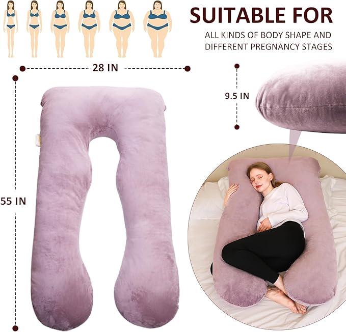 Chilling Home Pregnancy Pillow, U Shape Pregnancy Pillows for Sleeping, 55in Body Pillow for Sleeping, Body Pillows for Adults, Maternity Pillow, Velvet Removable Cover, Pink