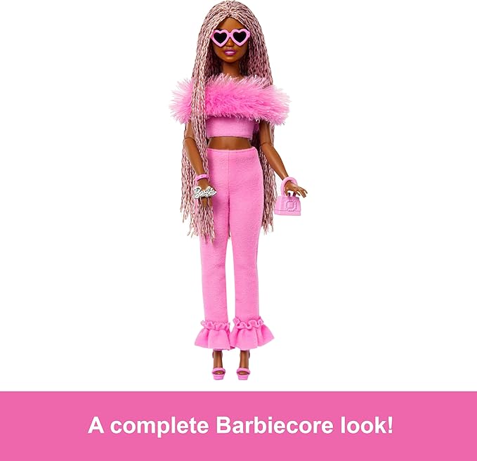 Barbie Deluxe Style Doll #4 in Barbiecore Outfit, Pink and Brown Braids, Soft Pink Top and Pant Set with Furry Collar and Fun Accessories
