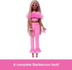 Barbie Deluxe Style Doll #4 in Barbiecore Outfit, Pink and Brown Braids, Soft Pink Top and Pant Set with Furry Collar and Fun Accessories