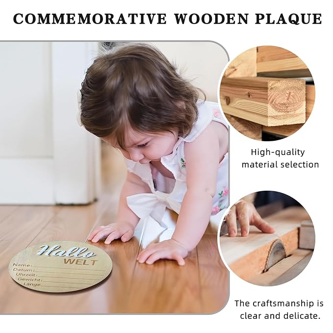 Baby Announcement Sign, 5.9 Inch Wooden Hello World Newborn Signs, "Hallo Welt" Decoration, Birth Announcement Sign, Welcome Newborn Arrival to World, Hospital Nursery for baby