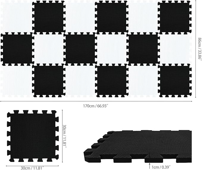 qqpp EVA Rubber 18 Tiles Interlocking Puzzle Foam Floor Mats - Baby Play Mat for Playing | Exercise Mat for Home Workout. White, Black. QC-ADb18N