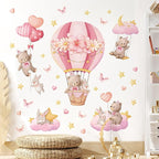 Tanlaby Pink Hot Air Balloon Wall Stickers Cartoon Bear Rabbit Stars Heart Wall Decals Peel and Stick Art Decor for Girls Bedroom Baby Nursery Kids Playroom Classroom