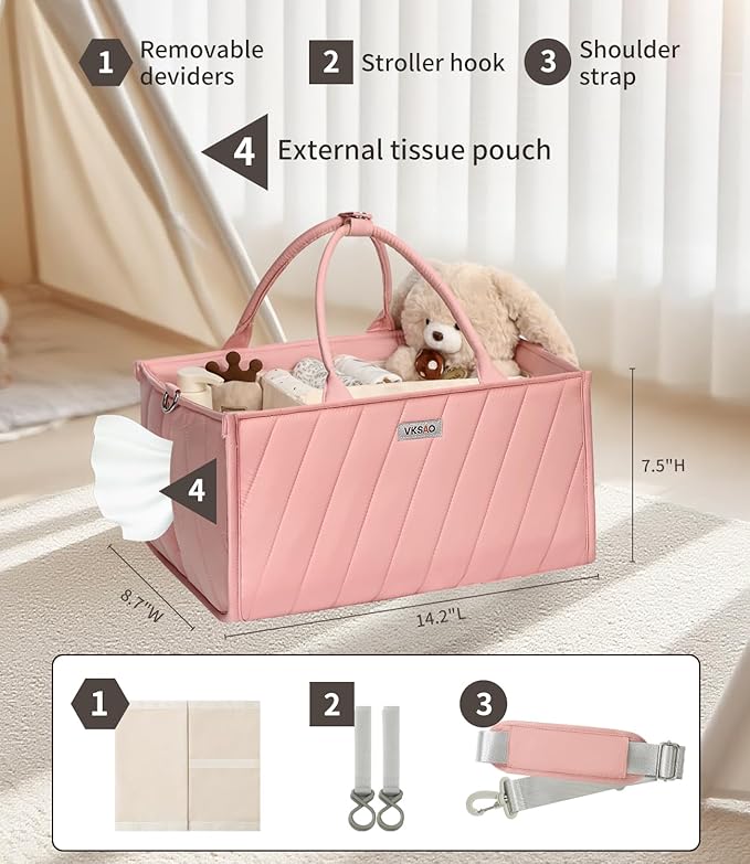 Diaper Caddy Organizer for Baby Essentials – Soft Blush Pink Storage Basket with Compartments, Shoulder Strap & Stroller Hooks – All-in-One Multifunctional Diaper Storage Tote for Nursery & Car