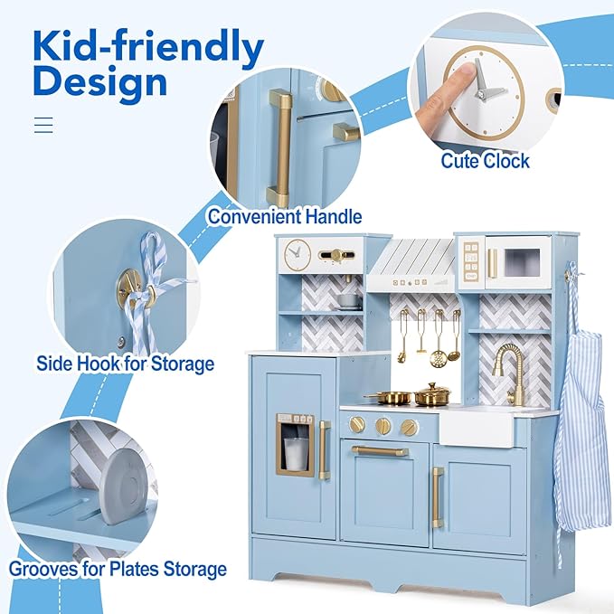 Play Kitchen for Kids, Wooden Children Kitchen Playset w/Coffee Maker, Oven, Stove, Sink, Apron, Ice Maker, Cookware, Kids Toy Kitchen Set for Toddler Girls Boys Pretend Play Toy Gift Ages 3+