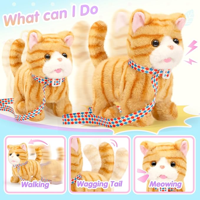 Plush Toys Cat for Kids with Leash, Interactive Electronic Kitty That Walking,Meowing, and Tail Wagging, Stuffed Cat Christmas Birthday Gift for Boys and Girls