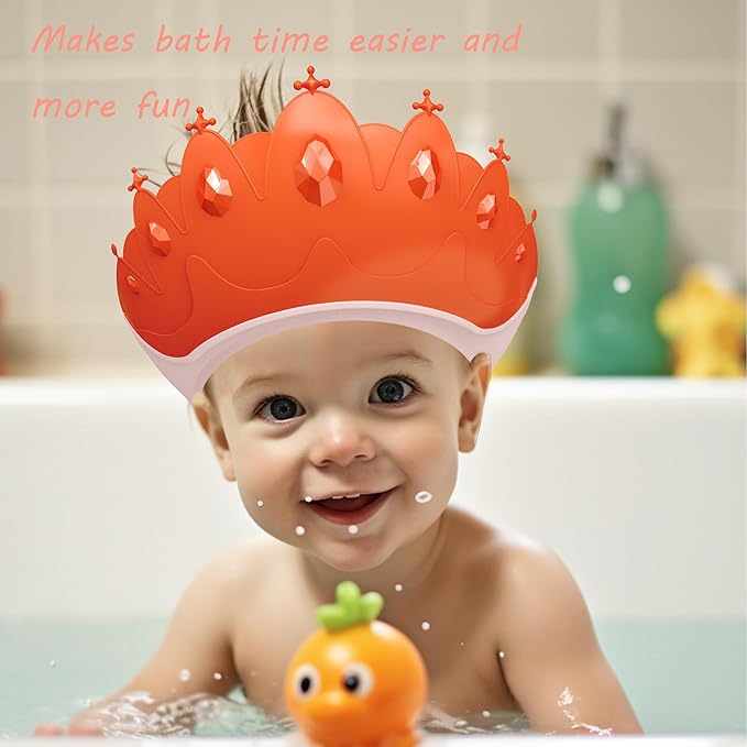 Baby Shower Cap Shield, Baby bath set shower cap, Visor Hat for Eye and Ear Protection for 0-9 Years Old Children,Cute Crown Shape Makes the Baby Bath More Fun (Red)
