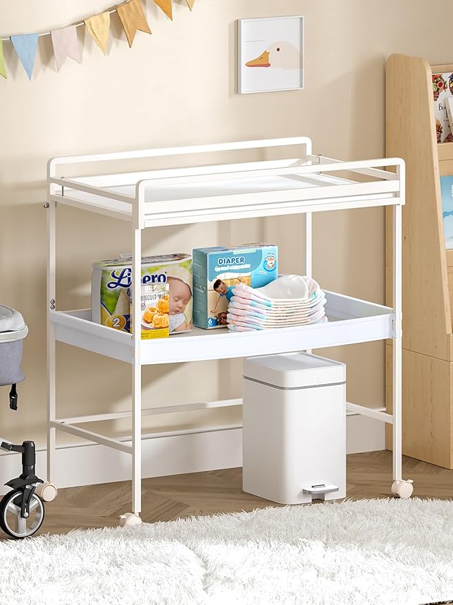 VBABY Foldable Baby Changing Table with Wheels, Certified Diaper Changing Station with Storage Drawers, 3 in 1 Portable Compact Diaper Table for Nursery, White