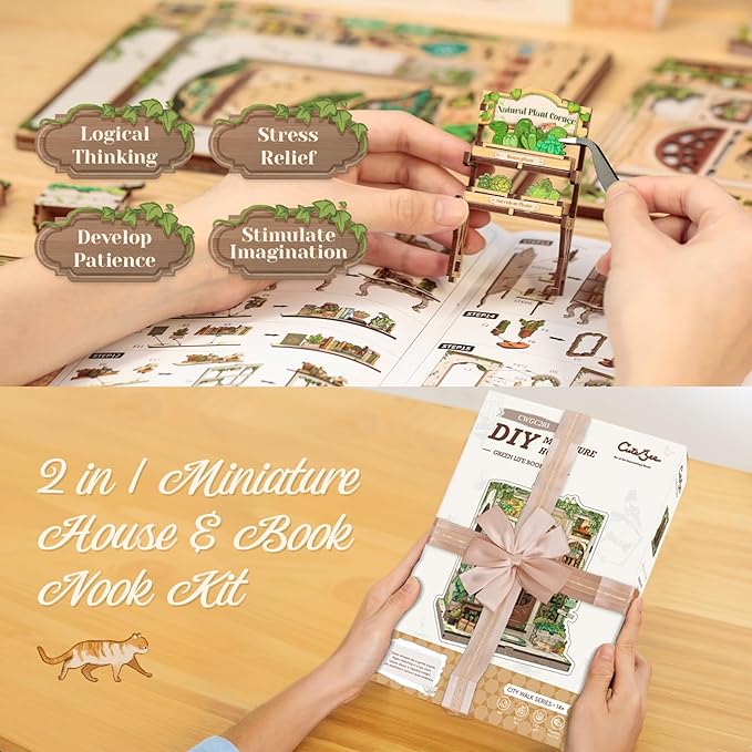 CUTEBEE Book Nook Kit - DIY Miniature House Dollhouse Kit for Adults and Teens, Booknook Tiny House Bookshelf Decor 3D Wooden Puzzle, Gifts for Family Friends (Green Life Bookshop)