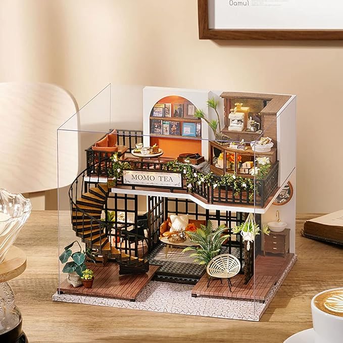 CUTEBEE Dollhouse Miniature with Furniture, DIY Wooden Dollhouse Kit Plus Dust Proof, Creative Room Idea(Forest Tea Shop)