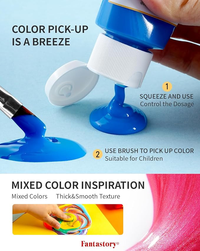 fantastory Tempera Paint for Kids 32 Colors (2 oz Each) Washable Tempera Paint, Kids Poster Paint Sponge Painting, Non-Toxic Kids Paint Finger Paints Hand Paints Bottles Early Learning