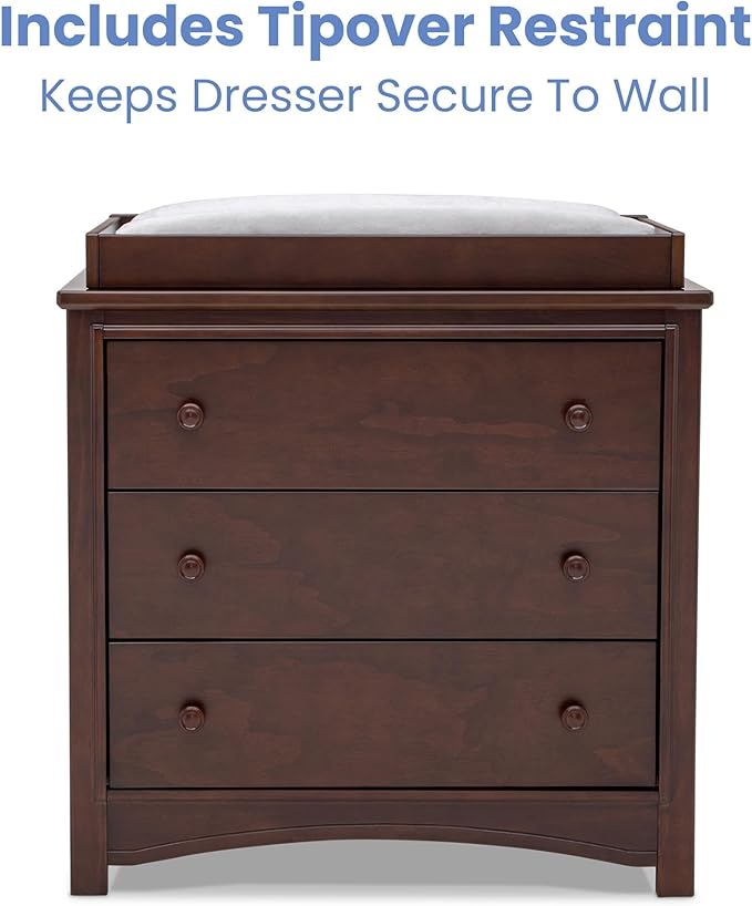 Delta Children Perry 3 Drawer Dresser with Changing Top and Interlocking Drawers, Walnut Espresso