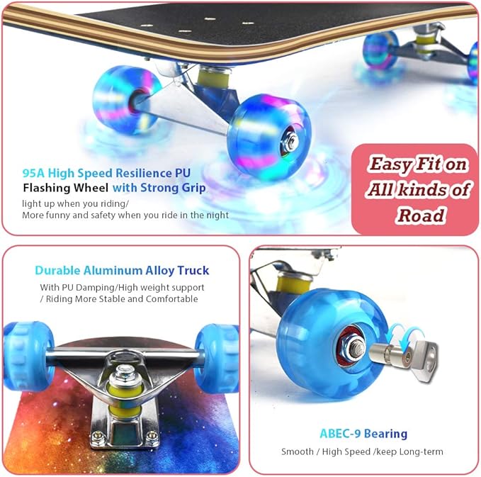 Easy_Way Complete Skateboards- Standard Skateboards for Beginners Kids Boys Girls Teenager- 31''x 8''Canadian Maple Cruiser Pro Skate Board, Skateboards